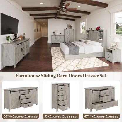 31.5'' Farmhouse Dresser with Sliding Barn Doors, 48" Rustic 5 Drawer Tall Dresser, Storage Organizer for Bedroom, Entryway, Light Rustic Oak