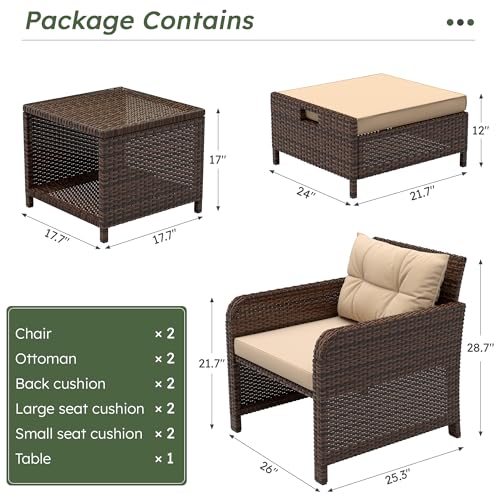 Balcony Furniture Set 5 Piece Patio Conversation Set, PE Wicker Outside Furniture with Soft Cushions & Coffee Table, Outdoor Lounge Chairs with Ottoman for Porch, Lawn, Balcony, Coffee-Beige