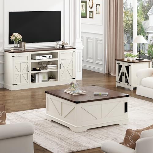 66" Farmhouse TV Stand with Power Outlets for 75 Inch TVs, 33" Tall Entertainment Center with Storage Cabinets w/Adjustable Shelves, Rustic Large TV Media Console, Rustic White