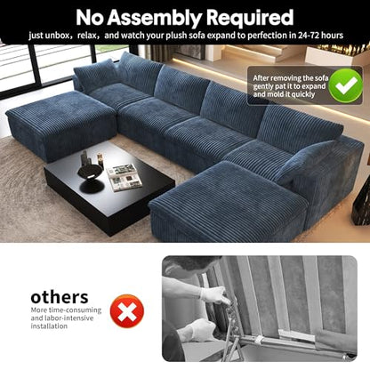 157.5" U Shaped Modern Sofa Modular Sectional Cloud Couch with 2 Ottoman,Deep Seat Upholstered Couches with Corduroy Fabric for Living Room Furniture,Bedroom and Apartment,No Assembly Required,Blue