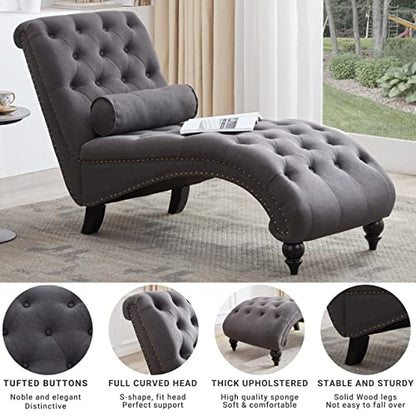 Button-Tufted Chaise Lounge Indoor with Solid Wood Legs & Support Pillow, view 7