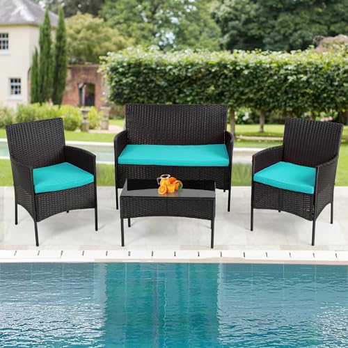 4 Pieces Conversation Set Modular Outdoor Furniture Set Water Resistant Patio Wicker Furniture Set with 3 Rattan Chairs 1 Tempered Glass Topped Table Seat Cushions for Patio Balcony Poolside, Blue