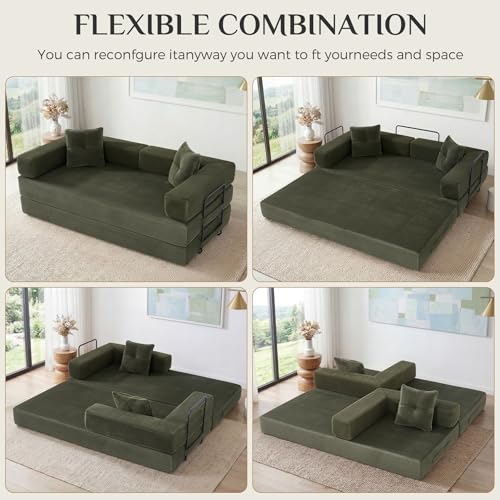 78 Inch Convertible Boneless Sleeper Sofa Bed, Modular Foldable Floor Couch, Corduroy Fabric, Memory Foam Filling, Modern Comfy Loveseat for Living Room, Small Spaces, Assembly Free, Green