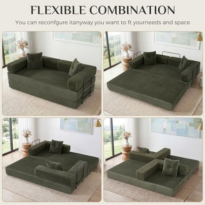 78 Inch Convertible Boneless Sleeper Sofa Bed, Modular Foldable Floor Couch, Corduroy Fabric, Memory Foam Filling, Modern Comfy Loveseat for Living Room, Small Spaces, Assembly Free, Green