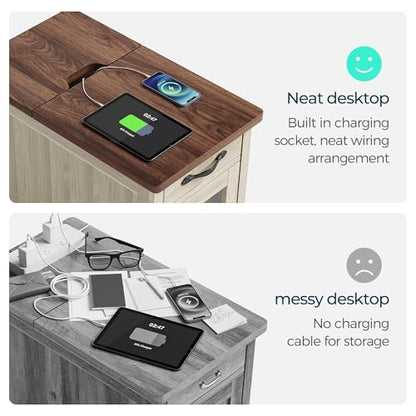 End Table with Charging Station, Modern Farmhouse Wooden Side Table with Drawer, Detachable Holder, Extra Storage & Display Space, for Living Room and Bedroom, Glass Door, Washed Grey