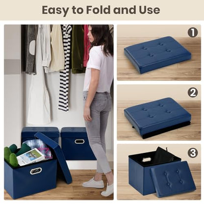 Storage Ottoman 17x13x13in Leather Ottoman Rectangle Footrest Footstool Folding Ottoman for Room Dorm Small Collapsible Bench Seat Organizer Entryway Furniture with Handles Lid Royal Blue