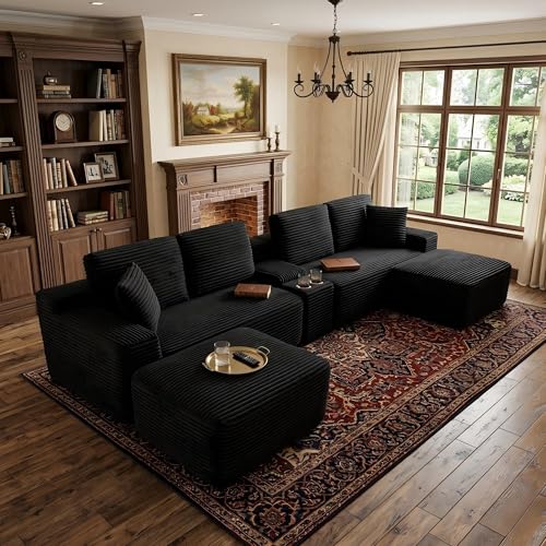 141" Oversized U Shaped Cloud Sectional Couches with Storage Console for Living Room, Corduroy Compressed Boneless Couch, Symmetrical Sofa & Couch with Movable Ottomans, Cup Holder