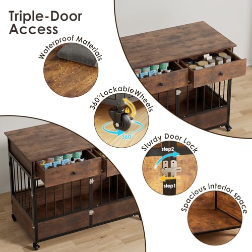 44.5" Dog Crate Furniture, Wooden Dog Kennel with Storage Drawers, view 7