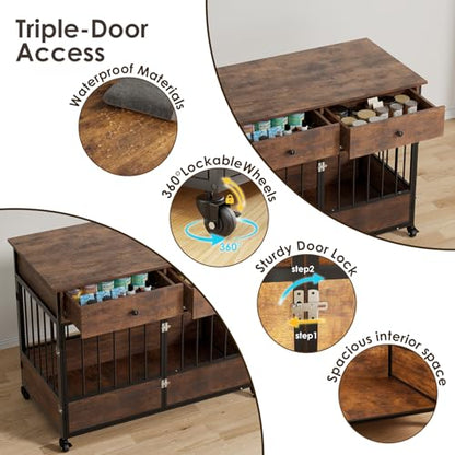 44.5" Dog Crate Furniture, Wooden Dog Kennel with Storage Drawers, view 7