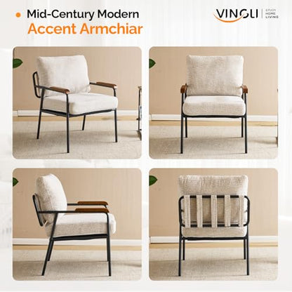 Mid-Century Modern Accent Armchiar for Small Space, Small Comfy Upholstered Leisure Reading Chair with Wood Armrest for Bedroom, Living Room, Waiting Room, Linen Beige