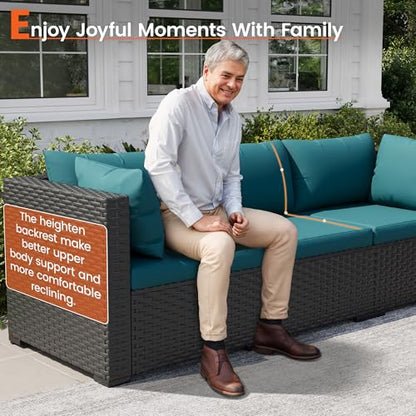 Patio Furniture Set, 7-Piece Outdoor Sectional All-Weather Wicker Patio Conversation Set for Backyard, Garden, Peacock Blue