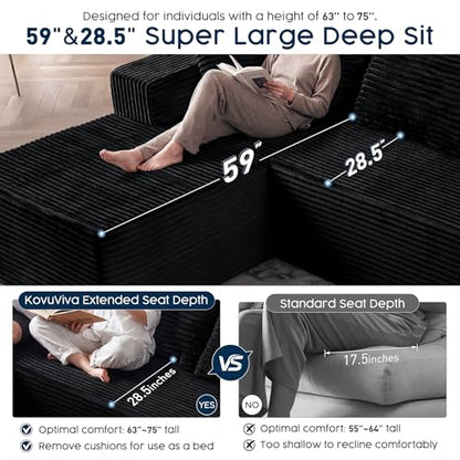 108” Modular Sectional Sofa, Right Facing Chaise (Sitting: Chaise on Your Right), Black Corduroy Cloud Couch, Deep Seat 5-Seater, Converts to Bed, No Assembly Required for Living Room