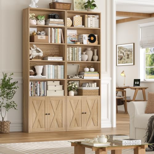 82" Tall Bookcase, Farmhouse Bookshelf with Doors,Light Oak, view 4