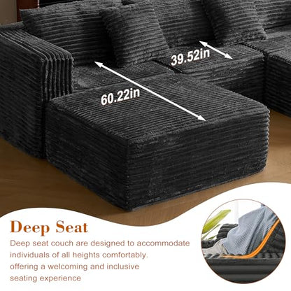 110 Corduroy Modular Sectional Boneless Sofa with 2 Ottomans, Convertible Cloud Couch with Deep Seats, Fluffy Memory Foam U Shaped Couch for Living Room, No Assembly Required (Black)
