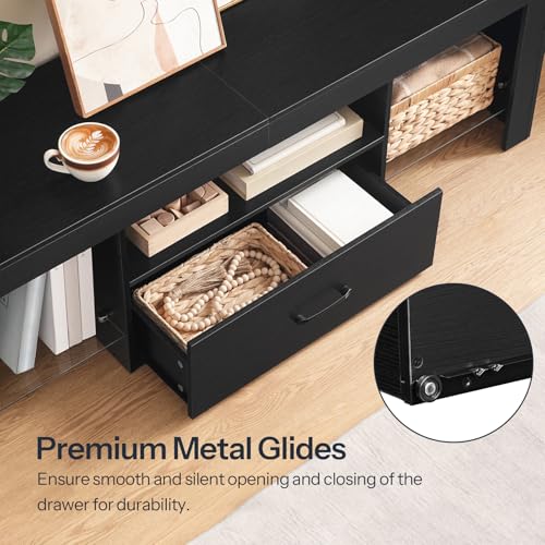 LED TV Stand with Power Outlets to 65 inch TV, Gaming Entertainment Center with Glass Shelves and Large Drawer, Modern Media TV Console Table for Living Room Bedroom, Black BB14UDDS01G1