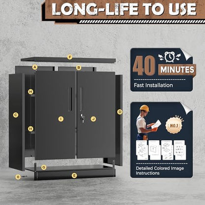 36” Metal Storage Cabinet with Doors and Shelves，Garage Cabinets, Lockable Storage Cabinet for Home, Office, Pantry (Black)