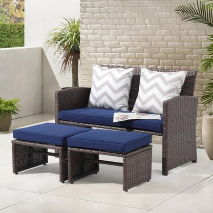 Outdoor Loveseat 3 Piece Patio Furniture Set Outdoor Conversation Set All-Weather Wicker Love Seat with Ottoman/Side Table, Brown Rattan, Blue