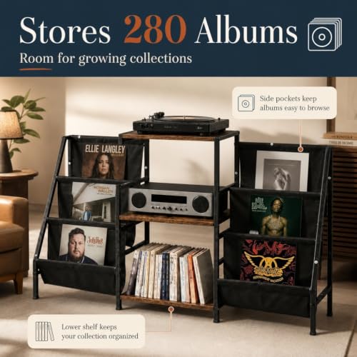 Record Player Stand with Storage, Vinyl Record Holder with Power Outlet, view 6