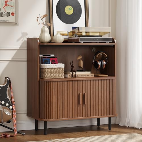 Mid Century Modern Record Player Stand with Charging Station,Walnut, view 2
