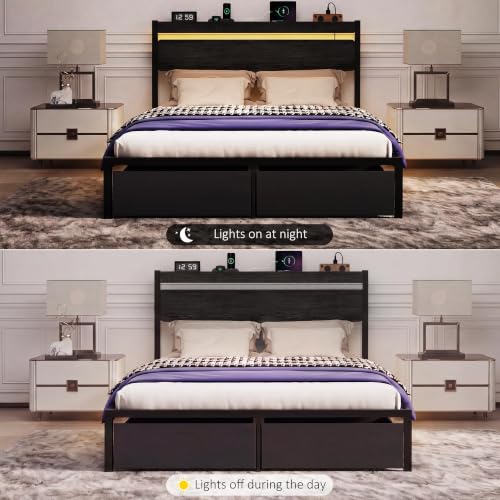 Queen Bed Frame with Drawers, Platform Bed with LED Lights & Charging Station, view 9