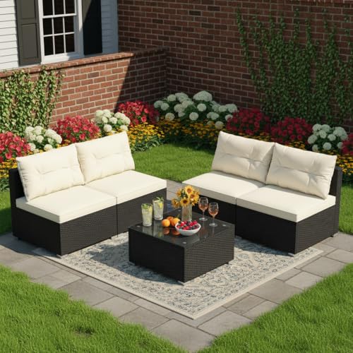 5 Piece Rattan Sofa Set, Patiojoy Outdoor Wicker Furniture Set with Seat & Back Cushions, Square Coffee Table, Patio Sectional Sofa Set for Backyard, Poolside, Garden