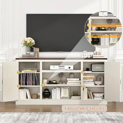 66" Farmhouse TV Stand with Power Outlets for 75 Inch TVs, 33" Tall Entertainment Center with Storage Cabinets w/Adjustable Shelves, Rustic Large TV Media Console, Rustic White