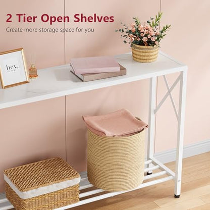 Console Table 41.8”, 2-Tier Entryway Table Narrow Sofa Table with Shelves, Entrance Table with Stable X-Frame, for Entryway, Hallway, Living Room, Foyer, Corridor, Office, White