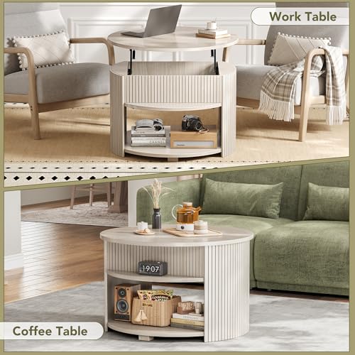 Round Lift Top Coffee Table with Storage, Fluted Mid-Century Modern Coffee Tables for Living Room, with Hidden Compartment & Open Shelves, for Small Spaces & Home Office(31.5" White Oak)