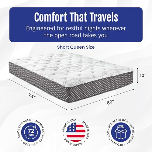 WanderRest Cool Hybrid 10” RV Mattress, Short Queen 60x74, Medium, Cooling Gel Memory Foam & Pocketed Coil Mattress for RV, Camper, or Travel Trailer, Made in USA