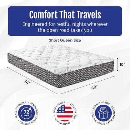 WanderRest Cool Hybrid 10” RV Mattress, Short Queen 60x74, Medium, Cooling Gel Memory Foam & Pocketed Coil Mattress for RV, Camper, or Travel Trailer, Made in USA