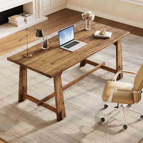 63" Solid Wood Office Desk, Farmhouse Executive Computer Desk, Large Work Writing Table, Rustic Brown Home Office Workstaticon, Business Furniture