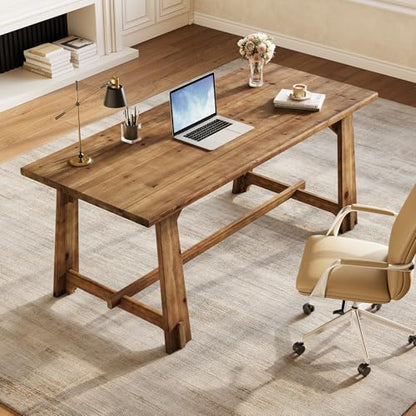 63" Solid Wood Office Desk, Farmhouse Executive Computer Desk, Large Work Writing Table, Rustic Brown Home Office Workstaticon, Business Furniture