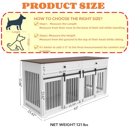 Double XL Dog Crate Furniture, White Wooden Pet Kennel Cabinet with 4 Doors, view 3