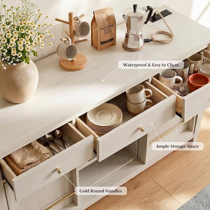 Buffet Cabinet with Storage, Modern Sideboard Cabinet with 3 Drawers, 2 Sliding Doors & Pull-Out Shelf, Coffee Bar Cabinet with Charging Station, White