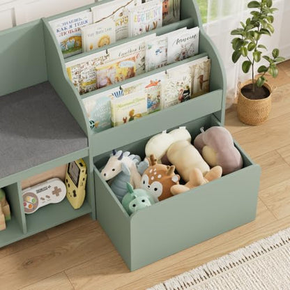 67"W Kids Reading Nook with Bookshelf, Toy Storage Organizer, Green | Cushioned Bench & Large Movable Toy Storage Box on Wheels, 6 Open Cubbies for Ease Fetch, Kid Bookcase for Playroom, Kid Room