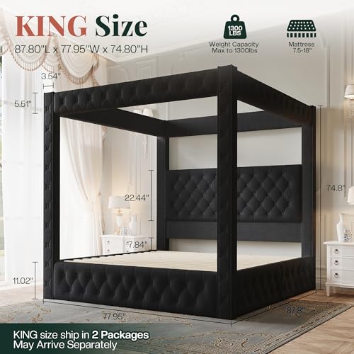 King Canopy Bed Frame Velvet Upholstered Headboard, Black, view 3