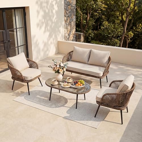 Tribesigns 4-Piece Outdoor Patio Furniture Set with Removable Waterproof Cushions, All-Weather Rattan Wicker Conversation Furniture Set with Glass Coffee Table for Garden, Pool, Porch, Balcony (Brown)