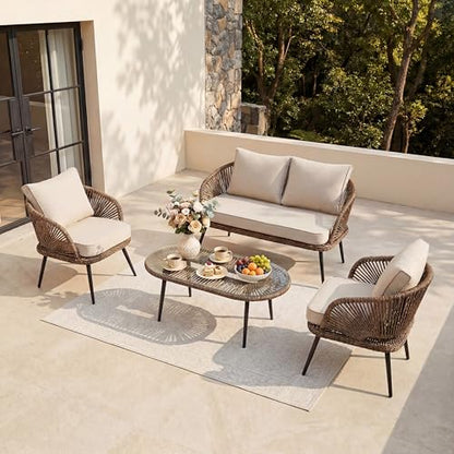 Tribesigns 4-Piece Outdoor Patio Furniture Set with Removable Waterproof Cushions, All-Weather Rattan Wicker Conversation Furniture Set with Glass Coffee Table for Garden, Pool, Porch, Balcony (Brown)