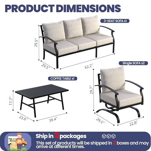 Patio Furniture Set,4 Piece Metal Outdoor Patio Furniture Set,All Weather Modern Patio Conversation Sets w/3 Seater Sofa,2 Single Sofas and Coffee Table for Balcony Deck,Sand