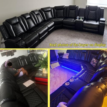Power Recliner Sectional Sofa Set with LED Light, Leather Reclining Sectional Couches Corner Sectional Sofa Set with 2 Recliner Seats for Living Room with Cup Holder, Storage Console, Black