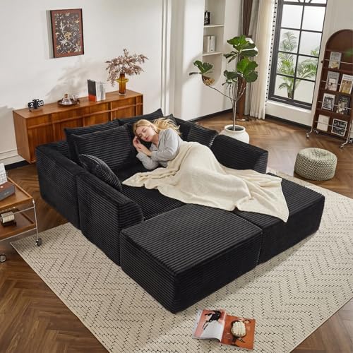 130" Sectional Couches for Living Room，U-Shaped Modular Sectional Sofa,Extra Deep Seat 6-Seater Boneless Sectional with 2 Ottomans，High Density Foam Sofa，No Assembly Required Corduroy Cloud Couch