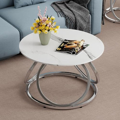 Silver Coffee Table, Round Coffee Table Faux Marble Veins, Modern Center Table with Chrome Finish, for Living Room, Home Office, 1 PC