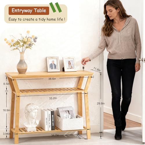 Bamboo Console Table, 38.6" Entryway Table with Storage, Display Table, Narrow Sofa Table for Entryway, Living Room, Foyer