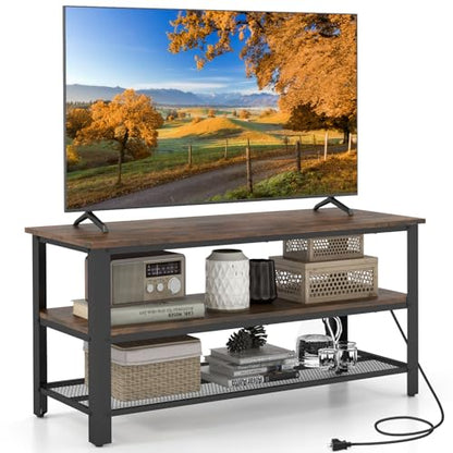 Small TV Stand for TVs up to 50 Inch, 3-Tier TV Console Table with Power Outlets, USB Ports, Storage Shelves, Industrial Media Entertainment Center for Living Room (Rustic Brown, 43.5”L)