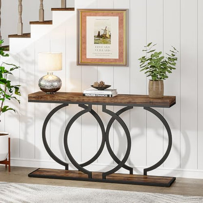 Tribesigns Industrial Console Table, 55 inch Rustic Entryway Table with Geometric Metal Frame, Narrow Wood Accent Sofa Table for Living Room, Entrance, Hallway, Rustic Brown