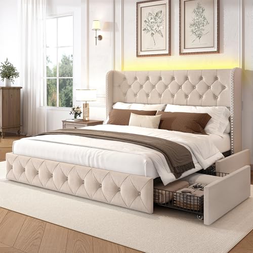 King Size Bed Frame with LED Lights and 4 Storage Drawers Linen Upholstered, view 2