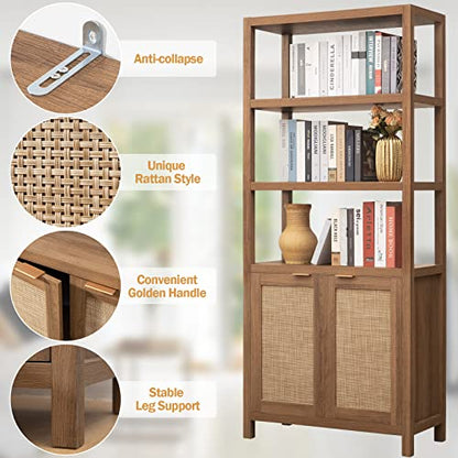 Bookshelf 5 Tier Book Shelf Rattan Boho 71" Tall Bookcase with Doors Storage Shelves Large Bookshelves Farmhouse Bookcases Library Book Case for Living Room Bedroom Home Office Kitchen | Book Shelf