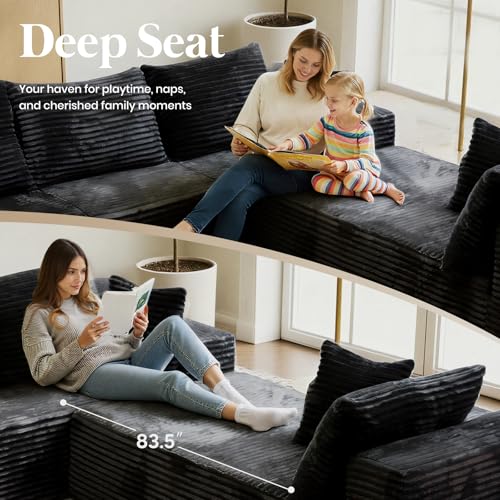 139'' U Shaped Sectional Couches for Living Room, 8 Seater Faux Fur Modular Boneless Cloud Sofa with Chaise Lounges, 4-in-1 Flexible Combination Deep Seat Corner Large Couch,No Assembly Black