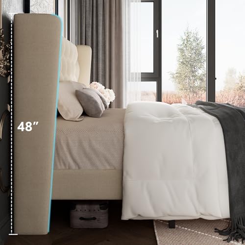 Queen Size Bed Frame with Button Tufted Upholstered Headboard, view 6