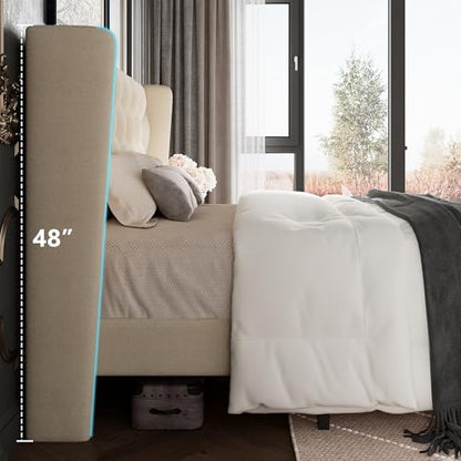 Queen Size Bed Frame with Button Tufted Upholstered Headboard, view 6